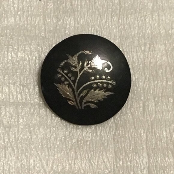 Antique and rare Victorian sterling silver Niello brooch with floral decoration
